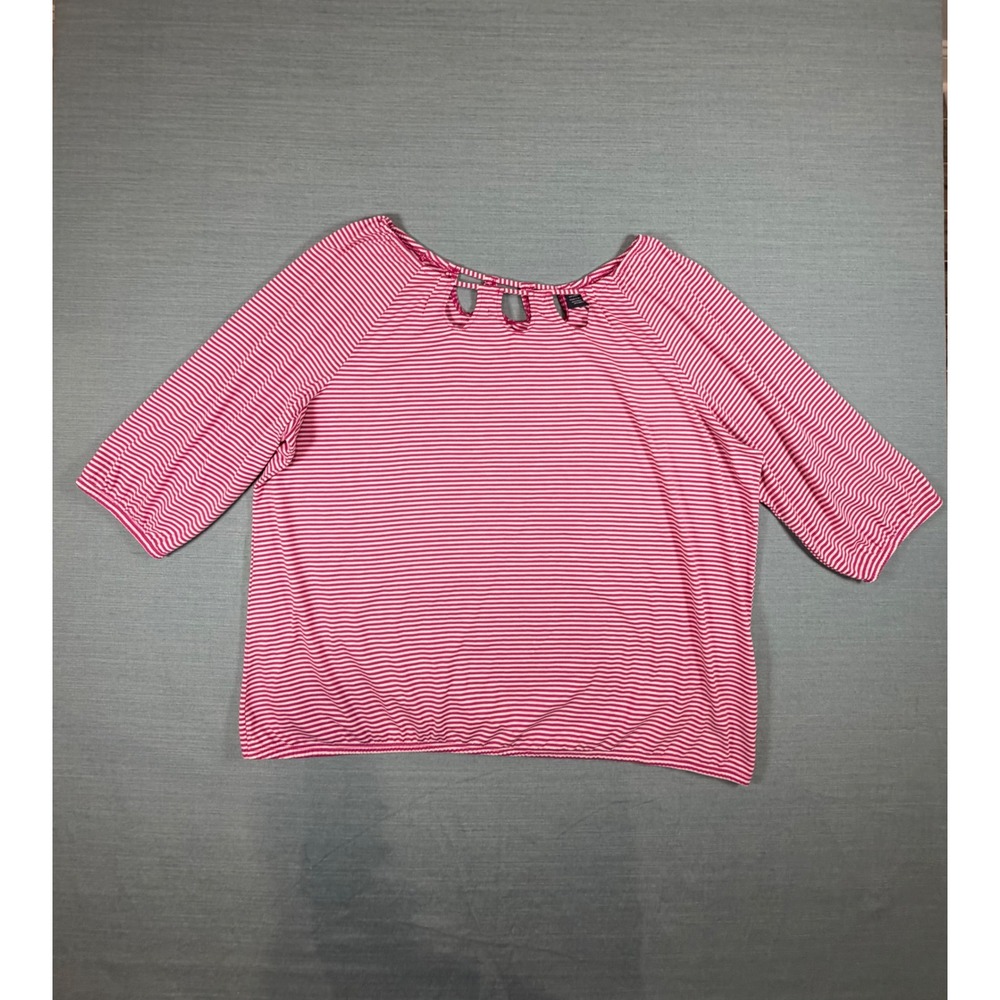 Faded‎ Glory Womens 3X Fuchsia White Striped Keyhole Neck 3/4 Sleeve Blouse Top